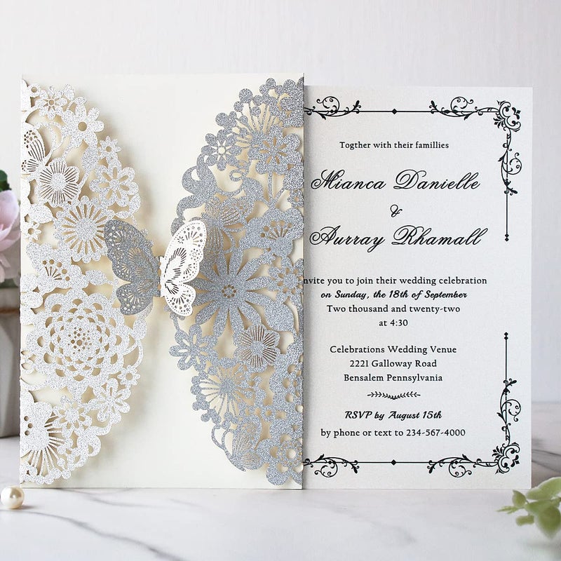 Hosmsua 5.12 x 7.3'' 50PCS Silver Laser Cut Butterfly Quinceanera Invitation Cards Lace Flora Weddding Invitations with Envelopes for QuinceaÃ±era Wedding Bridal Shower Invite (Silver Glitter) - Image 3